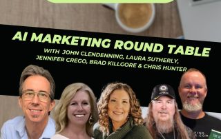 Five people are pictured beneath a banner reading Roofer Growth Hacks and AI Marketing Round Table, with their names listed and part of a laptop visible in the background.