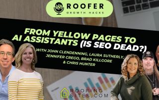 Promotional graphic for Roofer Growth Hacks featuring panelists and text: From Yellow Pages to AI Assistants (Is SEO Dead?) with logos and graphs in the background.