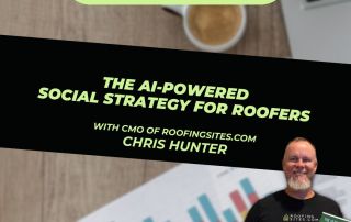 Chris Hunter marketing book in front of a presentation slide titled The AI-Powered Social Strategy for Roofers for Roofer Growth Hacks by roofingsites.com.