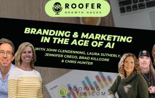 A promotional banner for Roofer Growth Hacks featuring five speakers and text about branding and marketing in the age of AI, with a RoofingSites.com logo at the bottom.